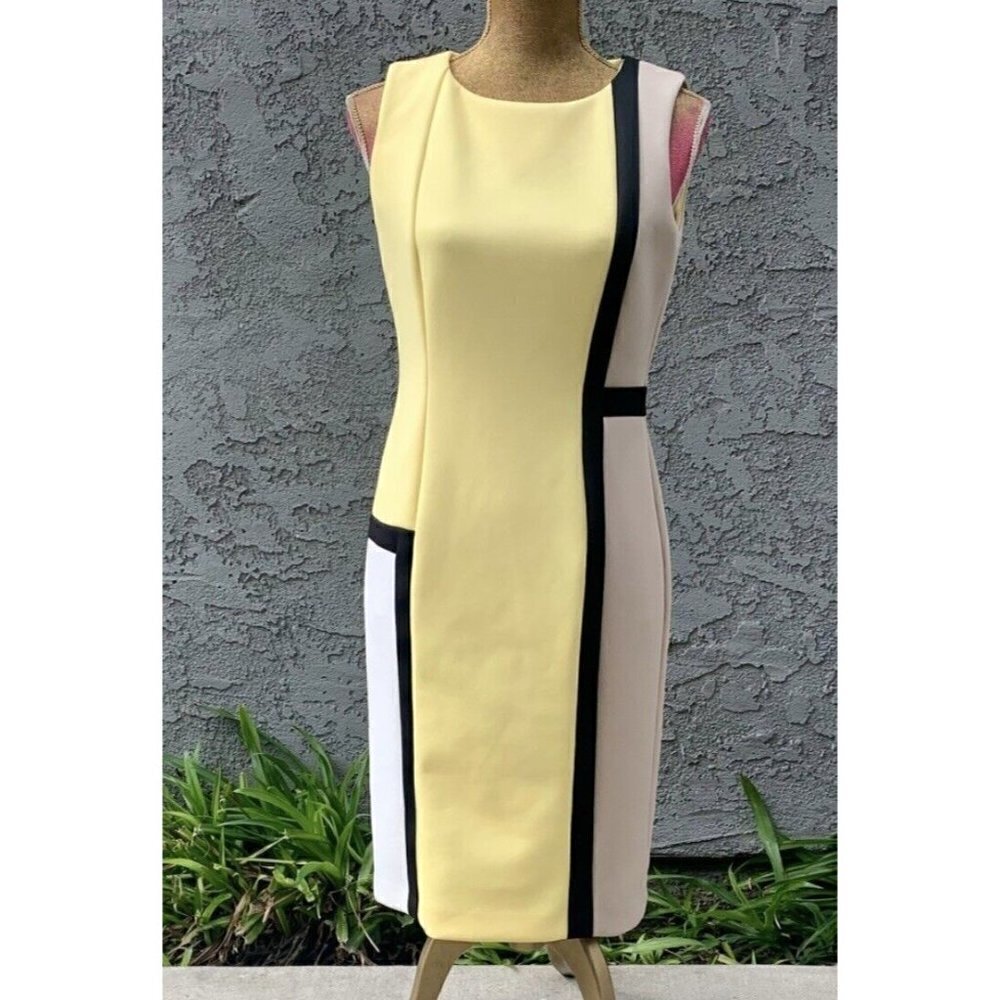 Calvin Klein Sz 4 Yellow Black Color Block Sheath Pencil Dress Stretch NWT NEW!